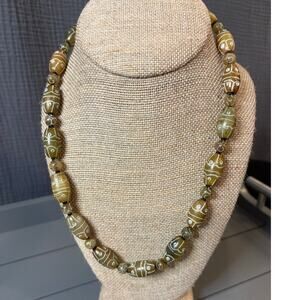 Hand Etched Agate DZI Style Necklace-Tibetan Protection Eye Bead-Boho Earth Tone